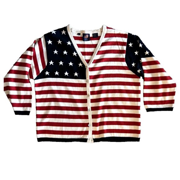 Sz Medium Marisa Canvas USA Flag Sweater 4th of July Cotton Patriotic 3/4 Sleeve - Picture 1 of 10